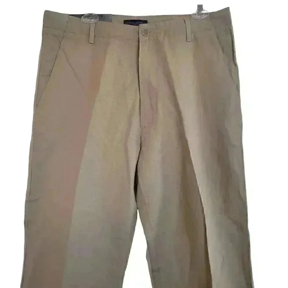 Banana Republic Men's Tan Linen/Cotton Dawson Flat Front Relaxed Leg Lower Waist